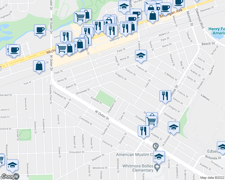 map of restaurants, bars, coffee shops, grocery stores, and more near 22735 Nowlin Street in Dearborn