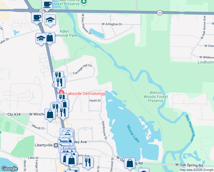 map of restaurants, bars, coffee shops, grocery stores, and more near 405 East Winchester Road in Libertyville