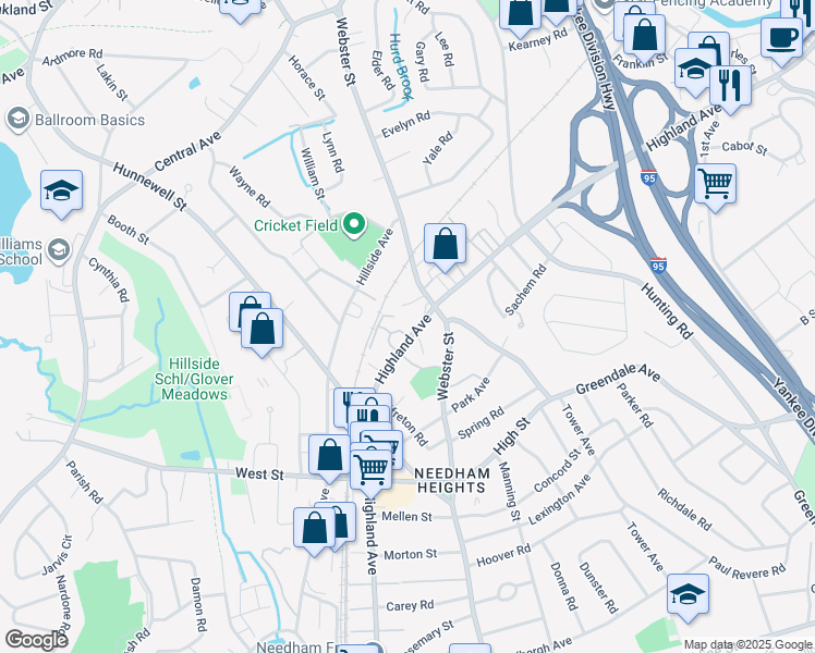 map of restaurants, bars, coffee shops, grocery stores, and more near 740 Highland Avenue in Needham