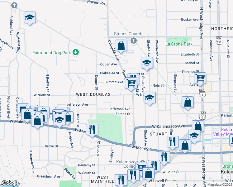 map of restaurants, bars, coffee shops, grocery stores, and more near 1220 West North Street in Kalamazoo