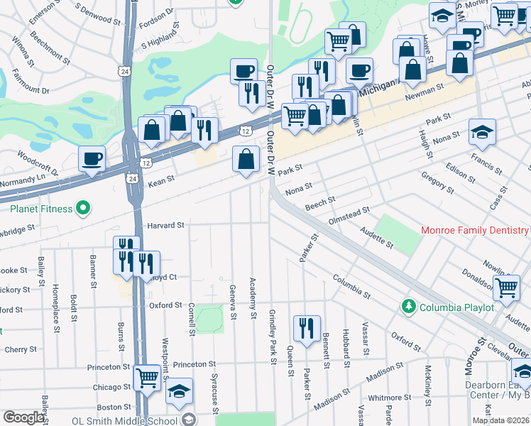 map of restaurants, bars, coffee shops, grocery stores, and more near 2030 Grindley Park Street in Dearborn