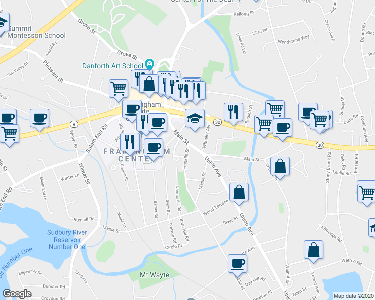 map of restaurants, bars, coffee shops, grocery stores, and more near 701 Franklin Street in Framingham