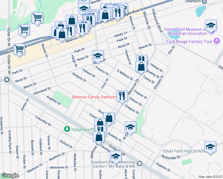 map of restaurants, bars, coffee shops, grocery stores, and more near 22130 Gregory Street in Dearborn