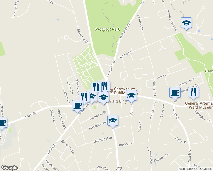map of restaurants, bars, coffee shops, grocery stores, and more near 0 Boylston Street in Shrewsbury