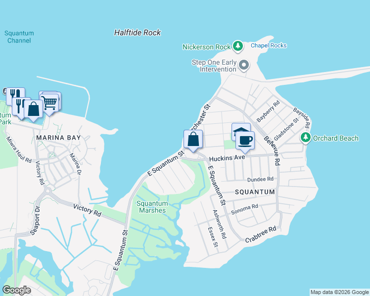 map of restaurants, bars, coffee shops, grocery stores, and more near E Squantum St & Dorchester St in Quincy
