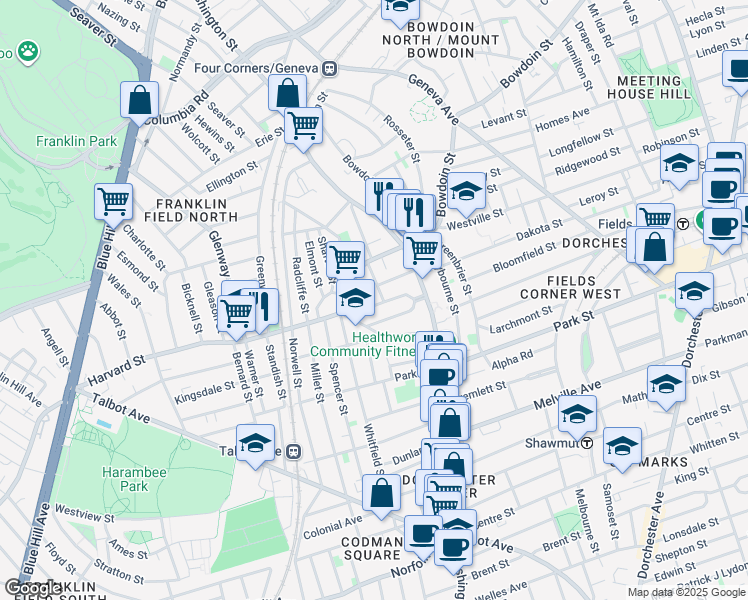 map of restaurants, bars, coffee shops, grocery stores, and more near 32 Bradlee Street in Boston