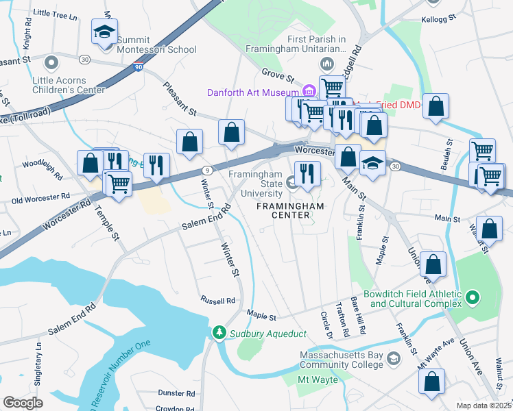 map of restaurants, bars, coffee shops, grocery stores, and more near 100 State Street in Framingham