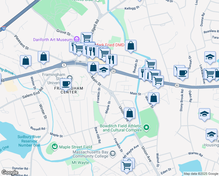 map of restaurants, bars, coffee shops, grocery stores, and more near 48 Main Street in Framingham