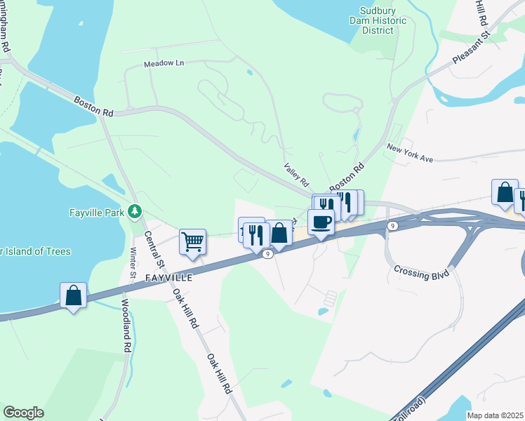 map of restaurants, bars, coffee shops, grocery stores, and more near 1 Willow Street in Southborough