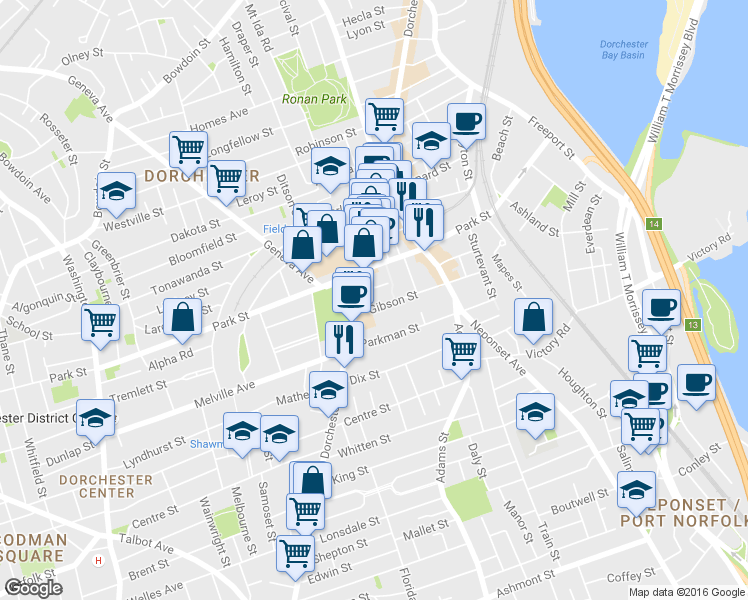 map of restaurants, bars, coffee shops, grocery stores, and more near 24 Parkman Street in Boston