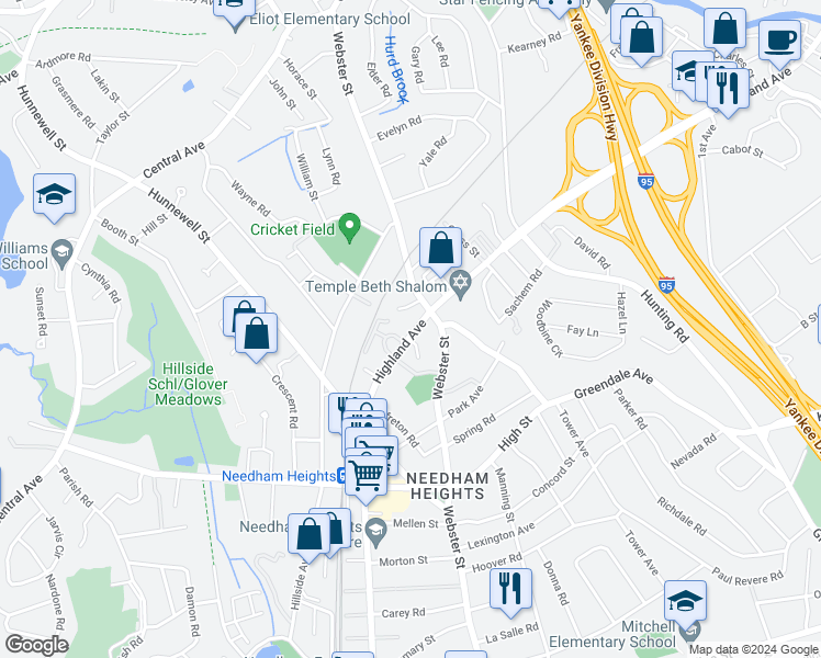 map of restaurants, bars, coffee shops, grocery stores, and more near 740 Highland Avenue in Needham