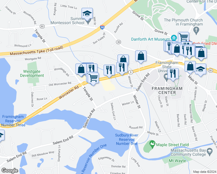 map of restaurants, bars, coffee shops, grocery stores, and more near 173 Salem End Road in Framingham