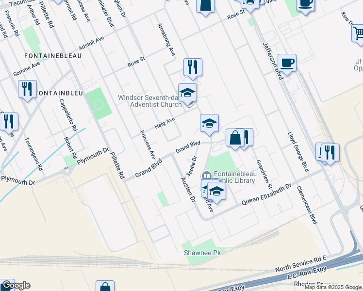 map of restaurants, bars, coffee shops, grocery stores, and more near 5115 Grand Boulevard in Windsor