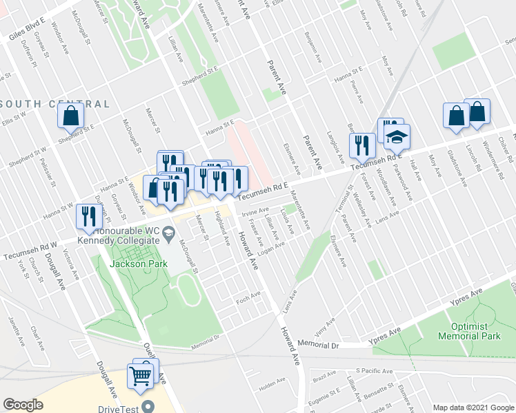 map of restaurants, bars, coffee shops, grocery stores, and more near in Windsor