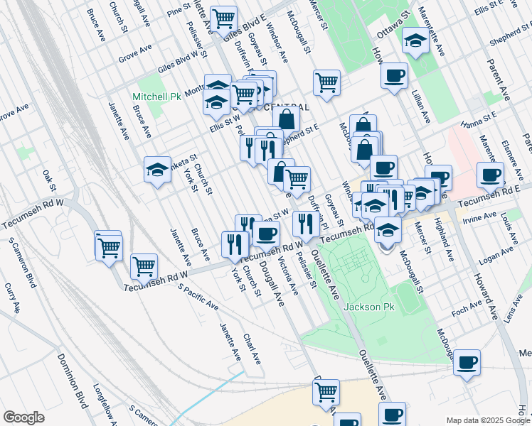 map of restaurants, bars, coffee shops, grocery stores, and more near in Windsor