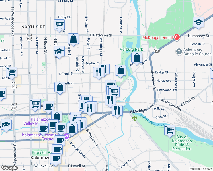 map of restaurants, bars, coffee shops, grocery stores, and more near 511 East Ransom Street in Kalamazoo