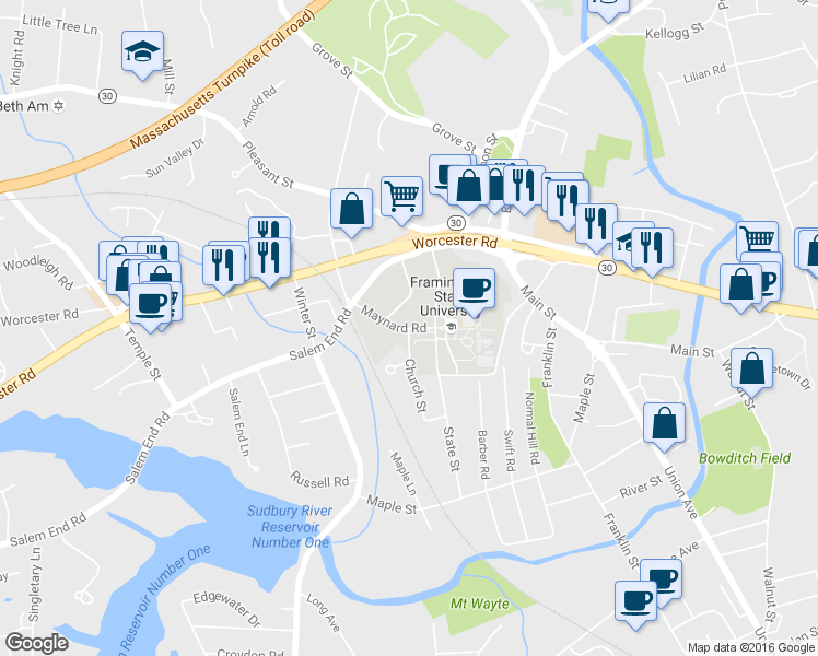map of restaurants, bars, coffee shops, grocery stores, and more near Maynard Rd & Church St in Framingham