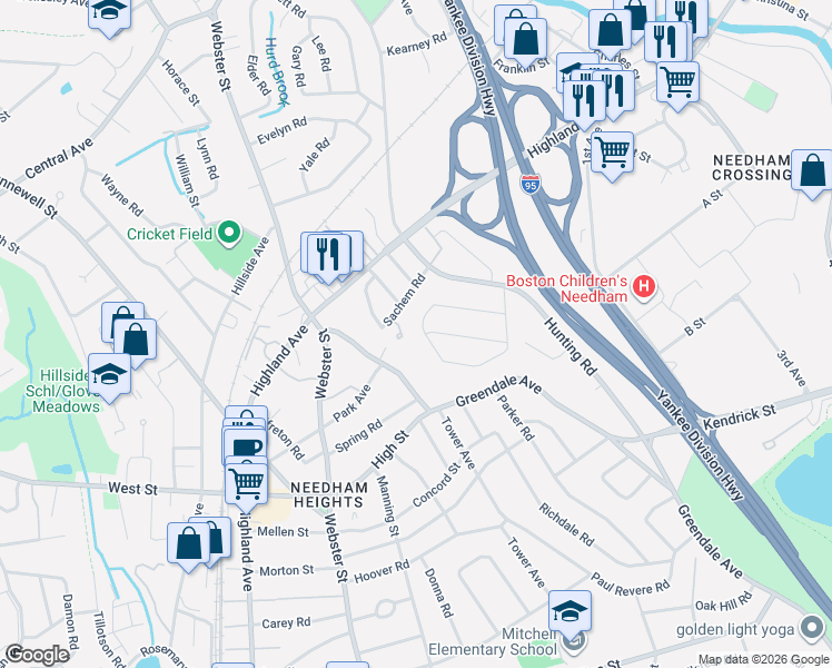 map of restaurants, bars, coffee shops, grocery stores, and more near 88 Woodbine Circle in Needham