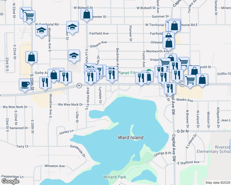 map of restaurants, bars, coffee shops, grocery stores, and more near 115 Wa Wee Nork Drive in Battle Creek