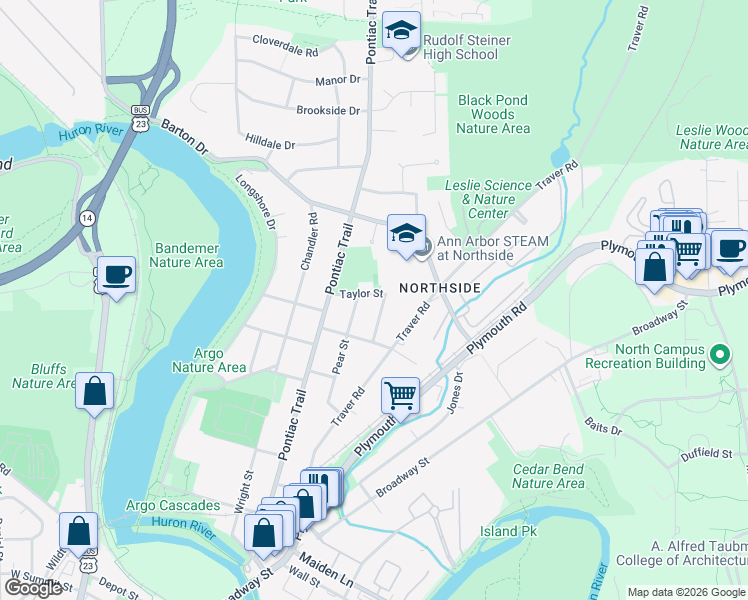 map of restaurants, bars, coffee shops, grocery stores, and more near 1606 Peach Street in Ann Arbor