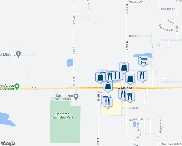 map of restaurants, bars, coffee shops, grocery stores, and more near 7110 West Main Street in Kalamazoo