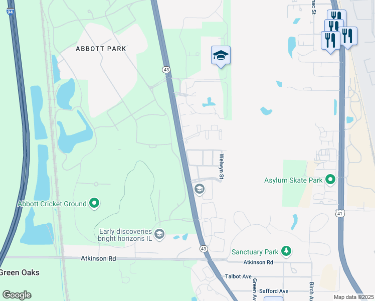 map of restaurants, bars, coffee shops, grocery stores, and more near 101 Templeton Street in Lake Bluff
