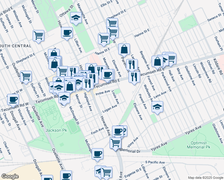 map of restaurants, bars, coffee shops, grocery stores, and more near 750 Irvine Avenue in Windsor