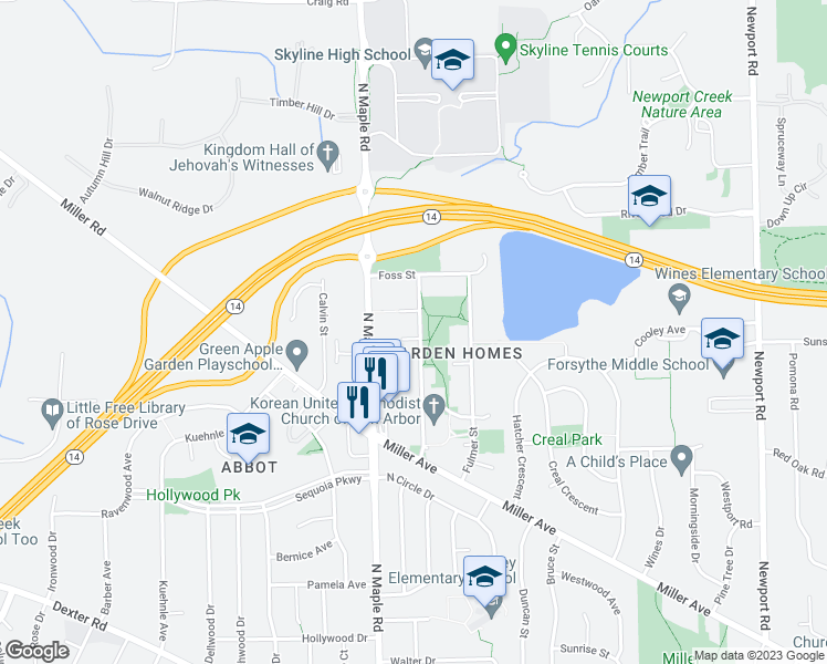 map of restaurants, bars, coffee shops, grocery stores, and more near 1795 Franklin Court South in Ann Arbor