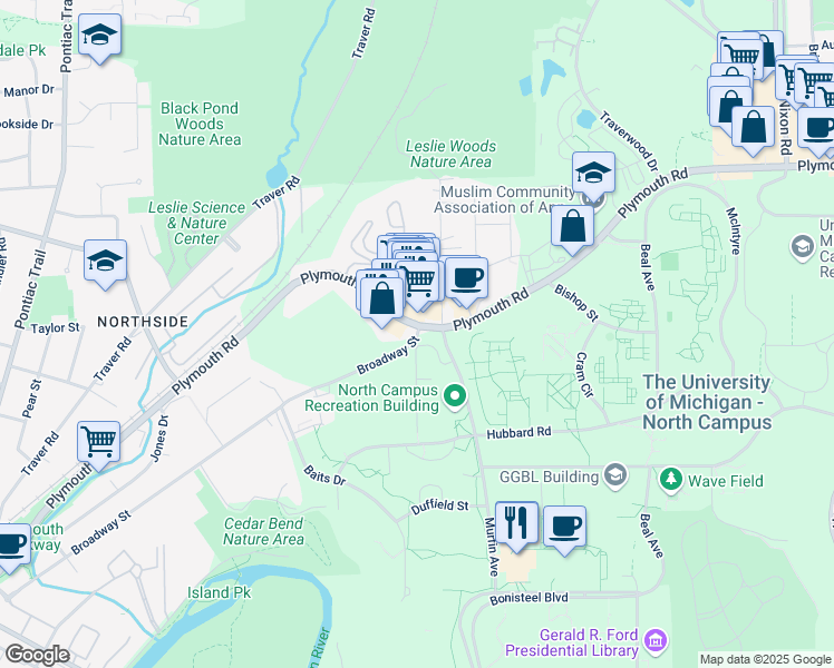 map of restaurants, bars, coffee shops, grocery stores, and more near 1760 Broadway Street in Ann Arbor