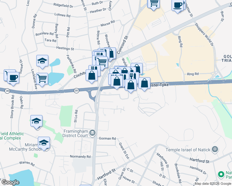 map of restaurants, bars, coffee shops, grocery stores, and more near 277 Massachusetts 9 in Framingham