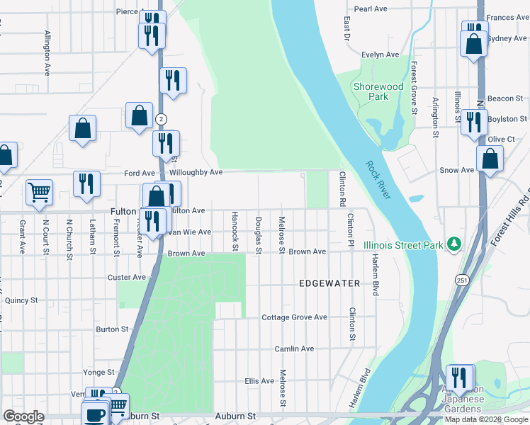 map of restaurants, bars, coffee shops, grocery stores, and more near in Rockford