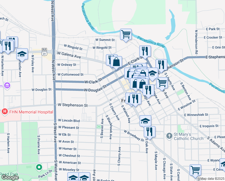 map of restaurants, bars, coffee shops, grocery stores, and more near 302 West Exchange Street in Freeport