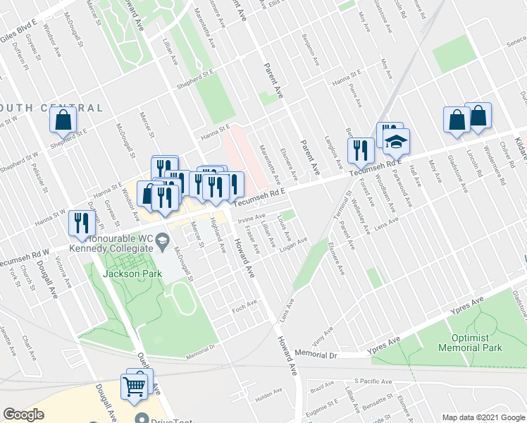 map of restaurants, bars, coffee shops, grocery stores, and more near 618 Irvine Avenue in Windsor