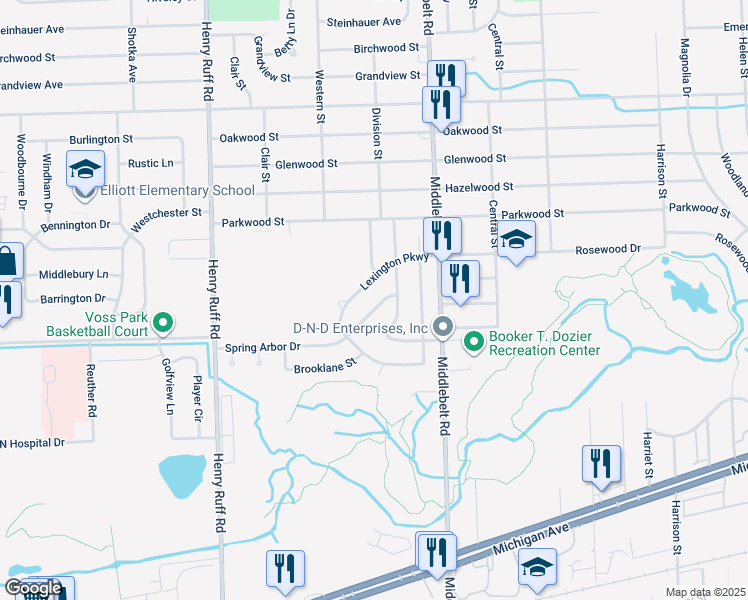 map of restaurants, bars, coffee shops, grocery stores, and more near 29660 Spring Arbor Drive in Inkster