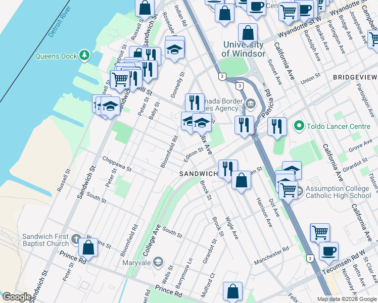 map of restaurants, bars, coffee shops, grocery stores, and more near 3278 Edison Street in Windsor