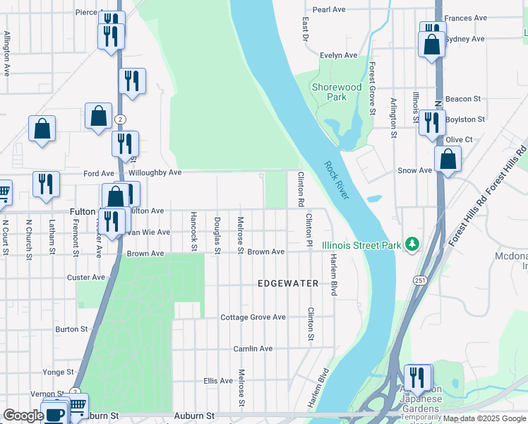 map of restaurants, bars, coffee shops, grocery stores, and more near 2327 Cumberland Street in Rockford