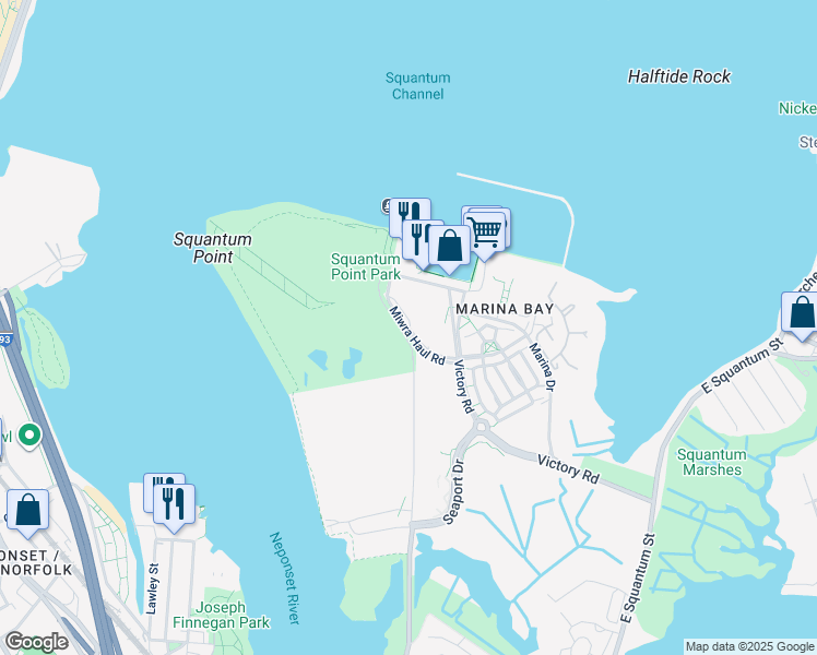 map of restaurants, bars, coffee shops, grocery stores, and more near Miwra Haul Road in Quincy