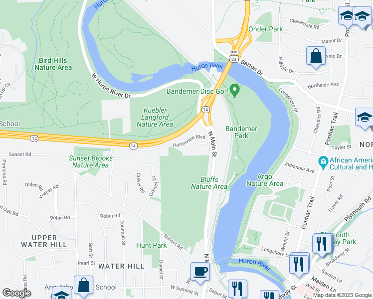 map of restaurants, bars, coffee shops, grocery stores, and more near 355 Huronview Boulevard in Ann Arbor