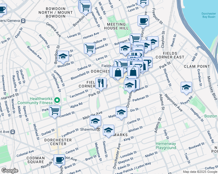 map of restaurants, bars, coffee shops, grocery stores, and more near 2 Marlowe Street in Boston
