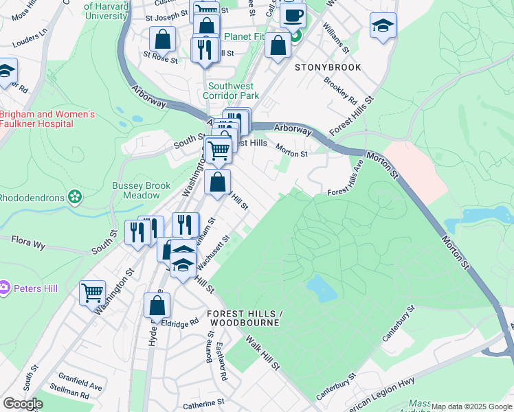 map of restaurants, bars, coffee shops, grocery stores, and more near 48 Woodlawn Street in Boston