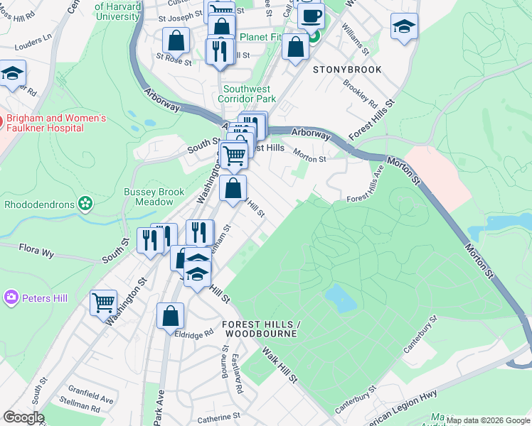 map of restaurants, bars, coffee shops, grocery stores, and more near 48 Woodlawn Street in Boston