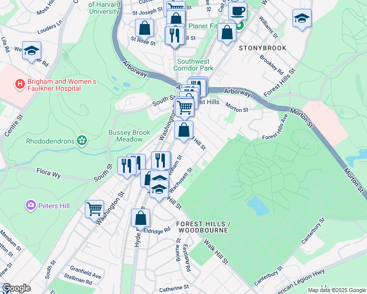 map of restaurants, bars, coffee shops, grocery stores, and more near 19 Weld Hill Street in Boston