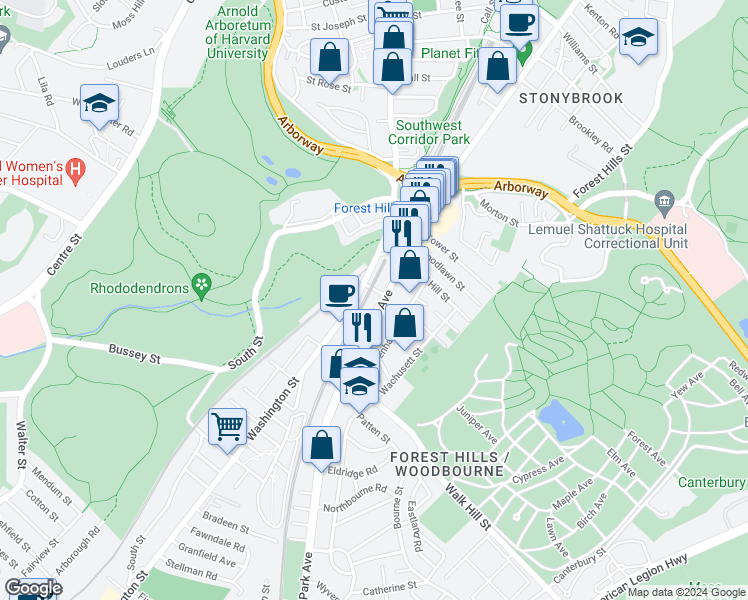 map of restaurants, bars, coffee shops, grocery stores, and more near 117 Hyde Park Avenue in Boston