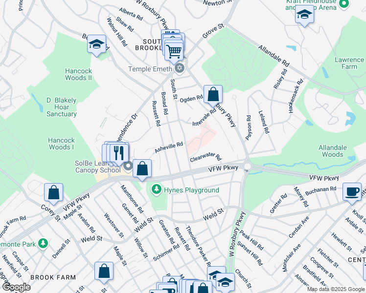 map of restaurants, bars, coffee shops, grocery stores, and more near 278 South Street in Brookline