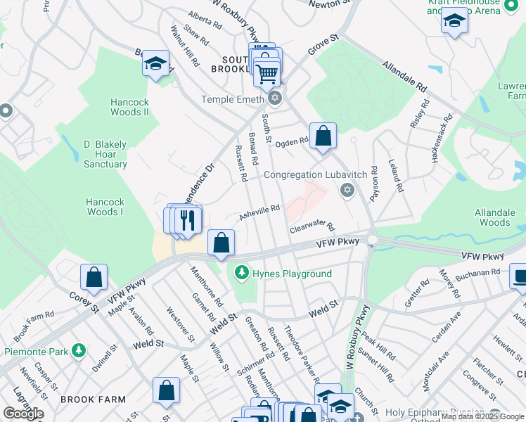 map of restaurants, bars, coffee shops, grocery stores, and more near 180 Bonad Road in Brookline