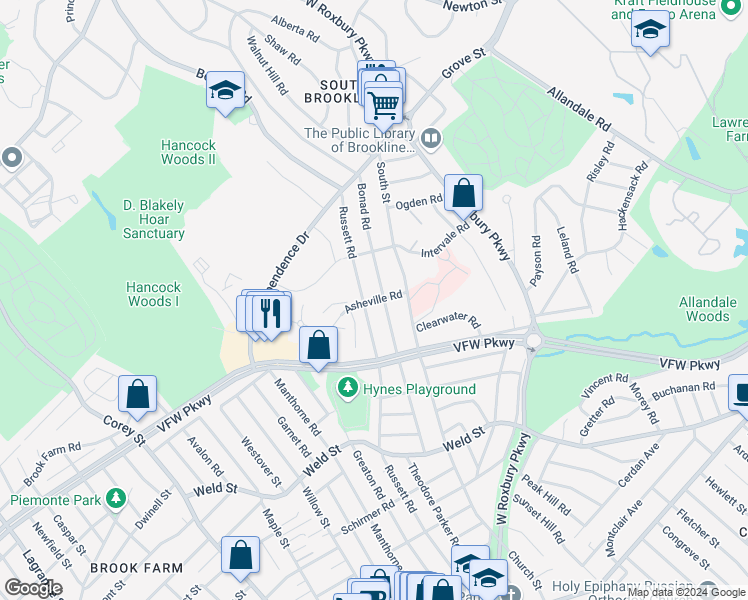 map of restaurants, bars, coffee shops, grocery stores, and more near 180 Bonad Road in Brookline