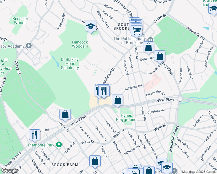map of restaurants, bars, coffee shops, grocery stores, and more near 91 Thornton Road in Brookline