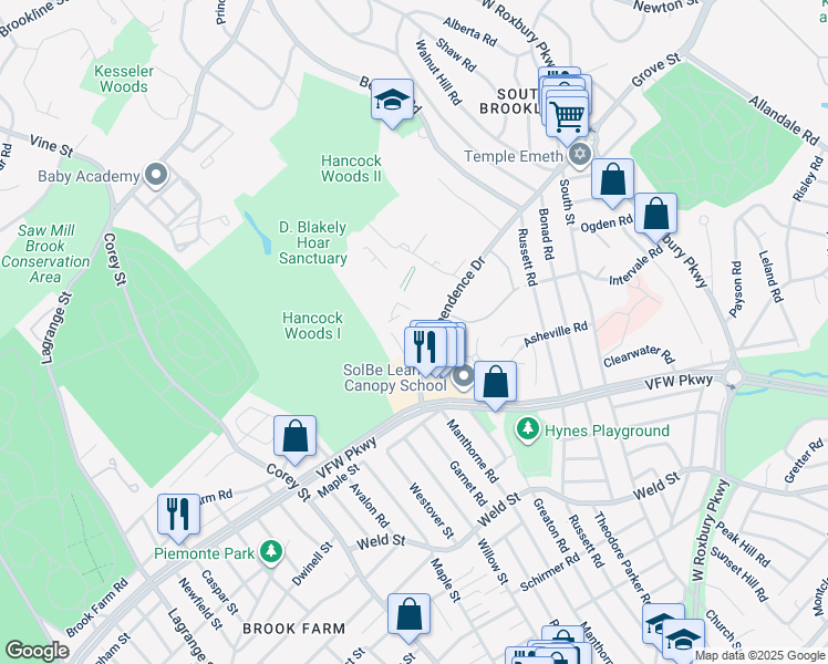 map of restaurants, bars, coffee shops, grocery stores, and more near 40 Sherman Road in Boston