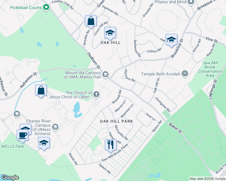 map of restaurants, bars, coffee shops, grocery stores, and more near 816 Dedham Street in Newton