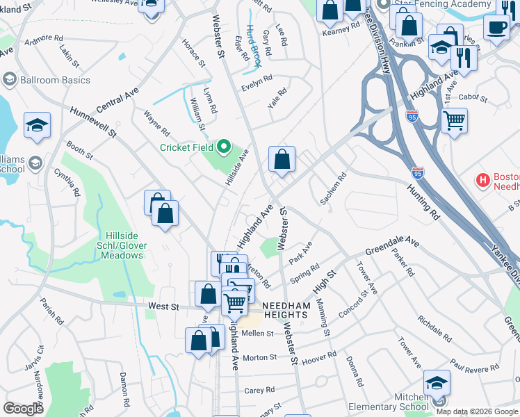 map of restaurants, bars, coffee shops, grocery stores, and more near 253 Webster Street in Needham